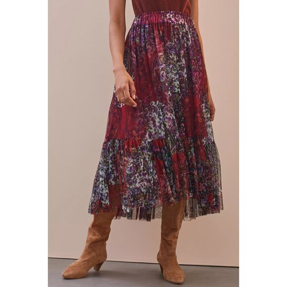 Anthropologie Flounced Tulle Maxi Skirt - M - Wine